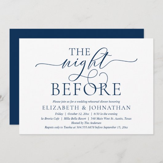 Night Before, Navy Blue, Probe Dinner Einladung (Vorne/Hinten)
