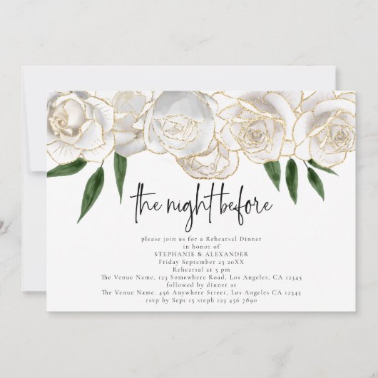 Night Before White Florals Script Probe Dinner Einladung (Vorderseite)