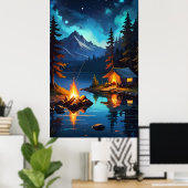 Night Campfire and Mountain View Poster (Heimbüro)