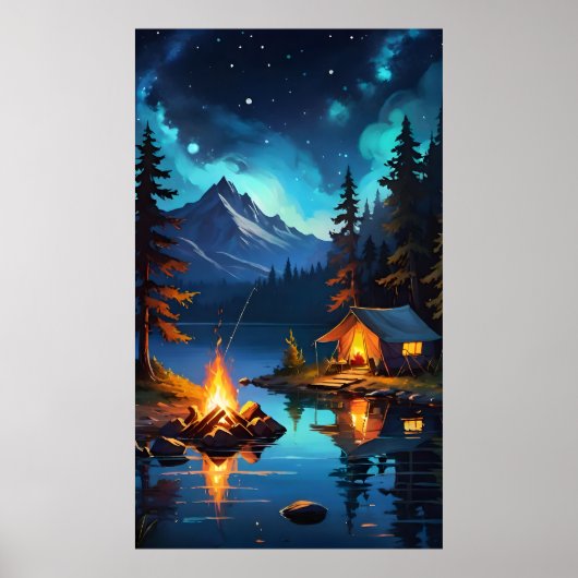 Night Campfire and Mountain View Poster (Vorne)