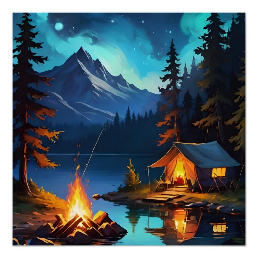 Night Campfire and Mountain View Poster (Vorderseite)