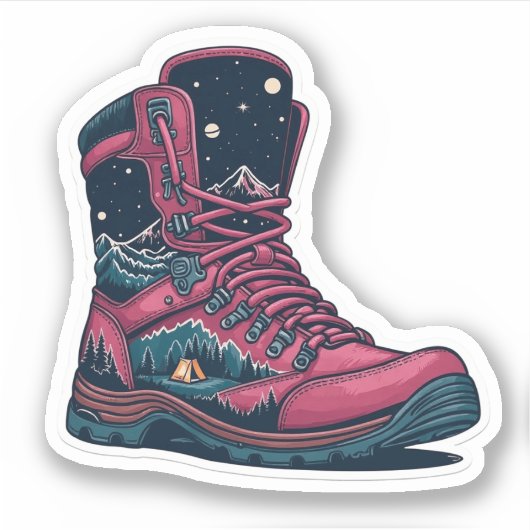 Night Camping Pink Hiking Boot Sticker | Die-Cut (Vorderseite)