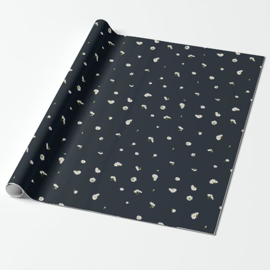 Night Charcoal White Cosmos Floral Pattern Geschenkpapier (Ungerollt)
