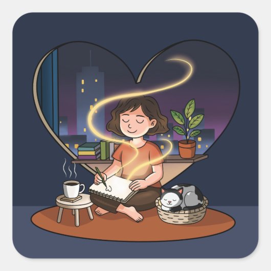 Night Creator Cozy Heart Window Art Quadratischer Aufkleber (Vorderseite)