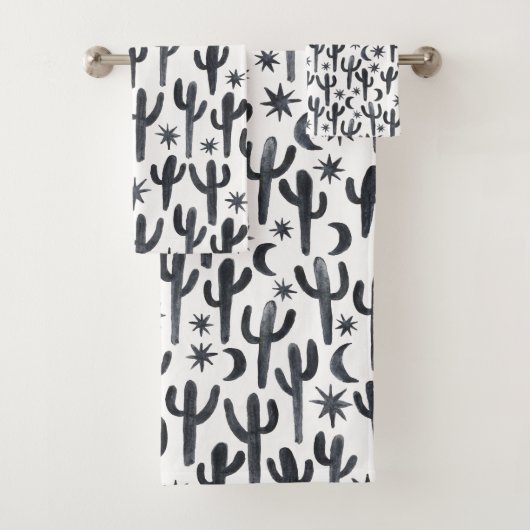 Night Desert Cactus Watercolor Pattern Indigo Badhandtuch Set (Insitu)