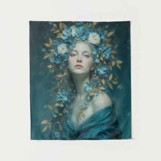 Night Goddess in Blue Flowers Wandteppich (Vorderseite)