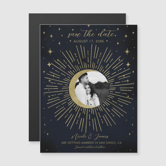 Night Gold Celestist Sunburst Foto Save the Date Magnetkarte (Vorne/Hinten)