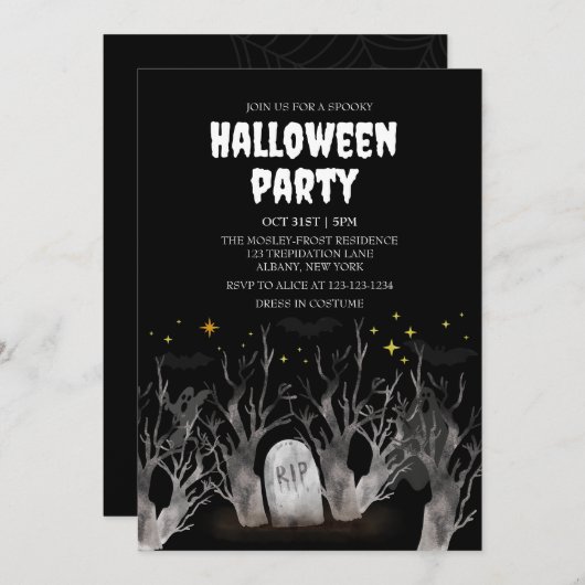 Night Graveyard Forest Spooky Bären Halloween-Part Einladung (Vorne/Hinten)