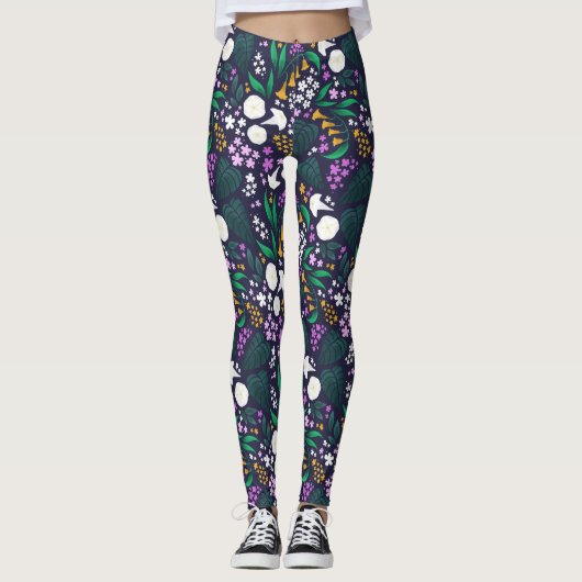 Night Moon Garden Floral Botanisches Muster Leggings (Vorderseite)