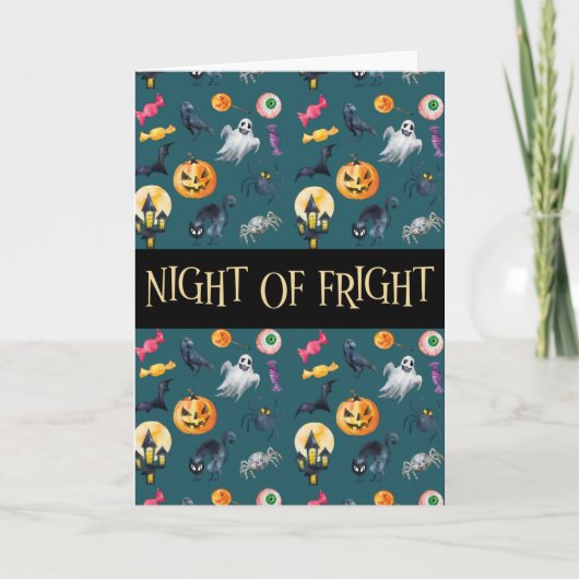 "Night of Fright" Green Halloween Muster Karte (Vorderseite)
