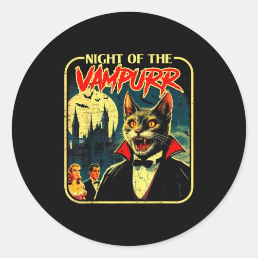 Night Of The Vampurr Funny Cat Halloween Runder Aufkleber (Vorderseite)