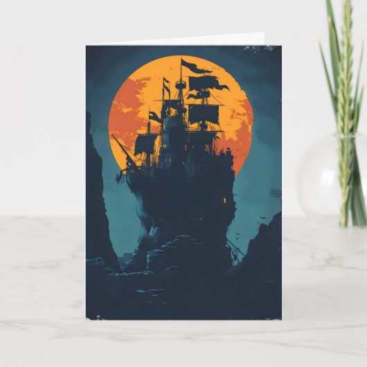 Night Pirate Ship Island Feiertagskarte (Vorderseite)