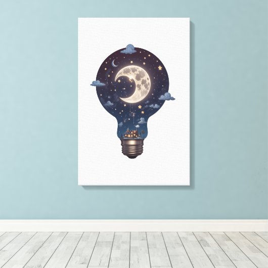 Night Sky and Cottage Inside a Lightbulb Leinwanddruck (Insitu (Holzboden))