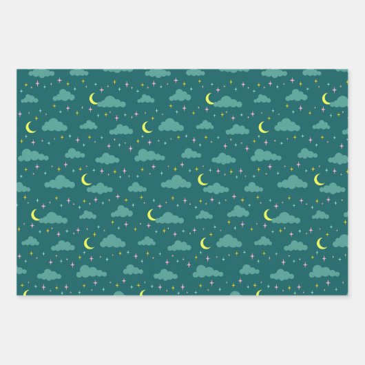 Night Sky Aquamarin grünes Wrapping Paper Trio Bun Geschenkpapier Set (Vorderseite 2)