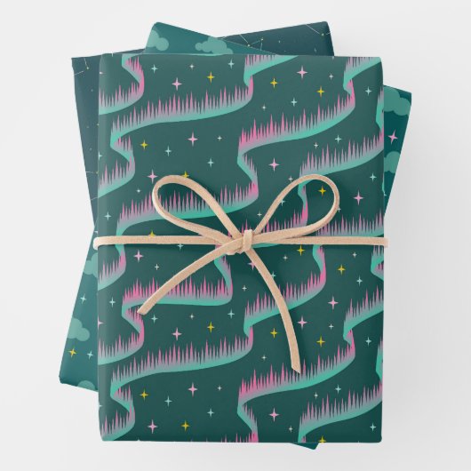 Night Sky Aquamarin grünes Wrapping Paper Trio Bun Geschenkpapier Set (Beispiel)