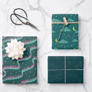 Night Sky Aquamarin grünes Wrapping Paper Trio Bun Geschenkpapier Set
