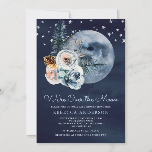 Night Sky Boho Wasserfarbe Blumenmoon Babydusche Einladung (Vorderseite)