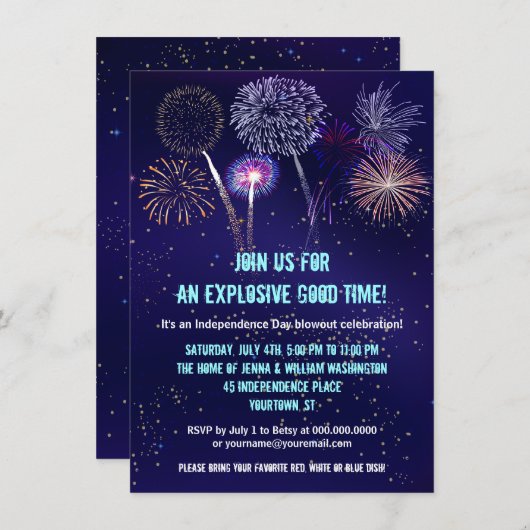 Night Sky Fireworks 4. Juli Party Einladung (Vorne/Hinten)