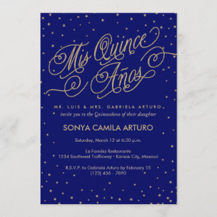 Night Sky Gold Stars & Navy Quinceñera Einladung