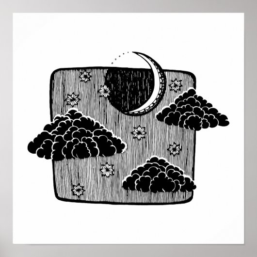 Night Sky Half Moon Clouds Hand Drawn Illustration Poster (Vorne)