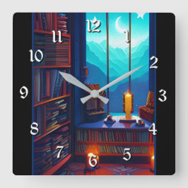 Night Sky Library Quadratische Wanduhr