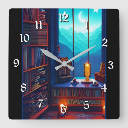 Night Sky Library Quadratische Wanduhr (Vorderseite)