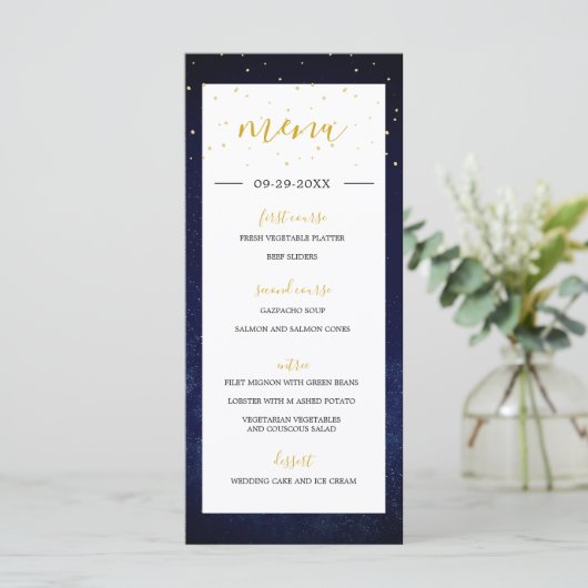 Night Sky Modernes elegantes Hochzeitsmenü Programm (Stehend Vorderseite)