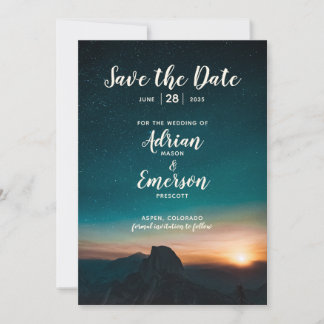 Night Sky Mountain Starry Galaxy Moderne Hochzeit Save The Date