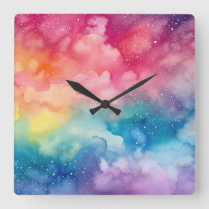 Night Sky Rainbow Abstrakte Aquarellbilder Quadratische Wanduhr