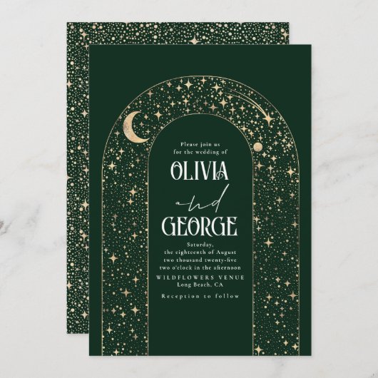 Night Sky Stars Emerald Green Celestial Wedding Einladung (Vorne/Hinten)