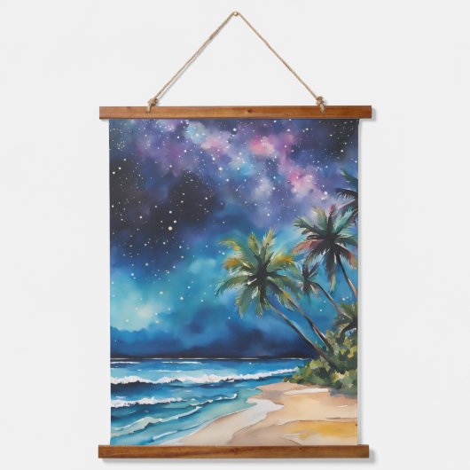 Night Sky Stars Lila Tropical Beach Palm Trees Wandteppich Mit Holzrahmen (Vorderseite)
