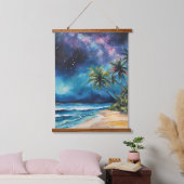 Night Sky Stars Lila Tropical Beach Palm Trees Wandteppich Mit Holzrahmen (Schlafzimmer)