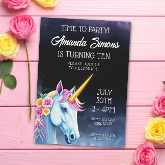 Night Sky Unicorn Floral Rose Girl 10th Birthday Einladung