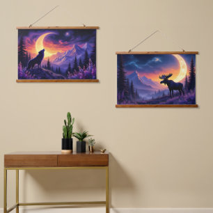 Night Sky Wolf Sasquatch Moose Crescent Moon Wandteppich Mit Holzrahmen