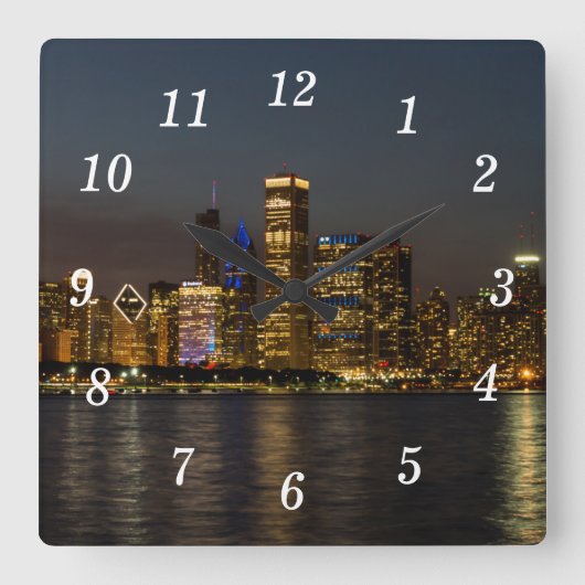 Night Skyline Chicago Pano Wall Clock Quadratische Wanduhr (Vorderseite)
