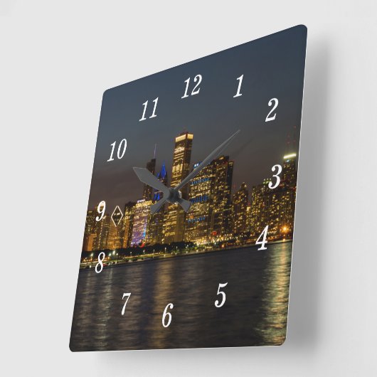 Night Skyline Chicago Pano Wall Clock Quadratische Wanduhr (Winkel)