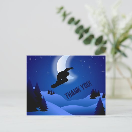 Night Snowboarding Mountain and Moon Vielen Dank Postkarte (Stehend Vorderseite)