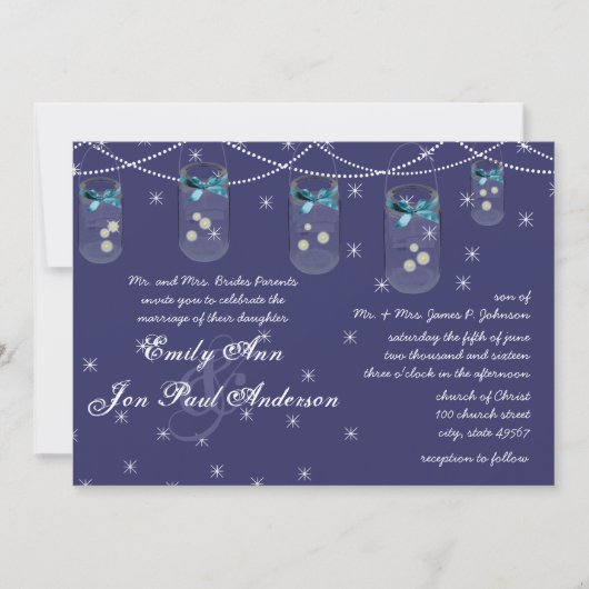 Night Wedding Navy Aqua Gelbe Blume Mason Jar Einladung (Vorderseite)