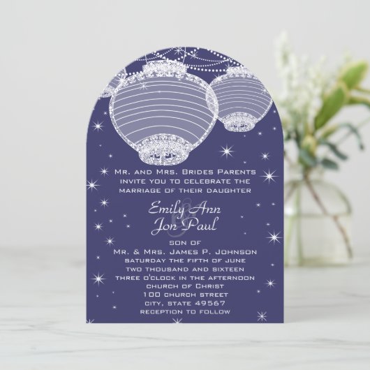 Night Wedding Navy & Silver Lanterns Stars Garland Einladung (Stehend Vorderseite)