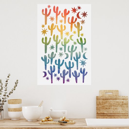 Night Wüste Fun Cactus Rainbow Pattern Wasserfarbe Poster (Küche)