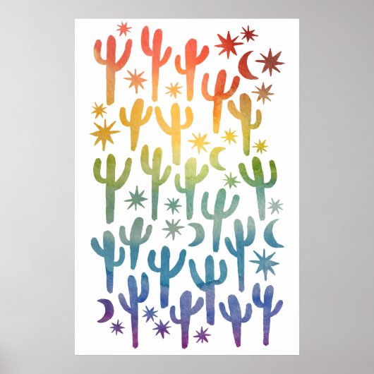 Night Wüste Fun Cactus Rainbow Pattern Wasserfarbe Poster (Vorne)