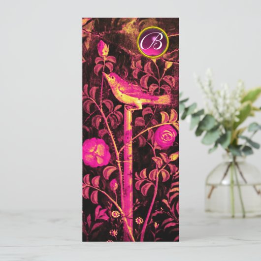 NIGHTINGALE MIT ROSE MONOGRAM, Pink Black Gold Einladung (Stehend Vorderseite)