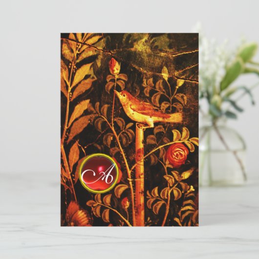 NIGHTINGALE MIT ROSE MONOGRAMM, Rot-Schwarz-Gelb Einladung (Stehend Vorderseite)