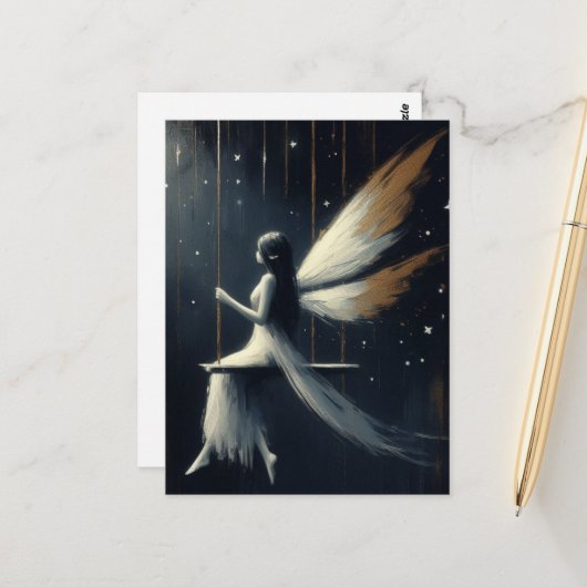 Nighttime Fairy on a Swing in White Dress Postkarte (Vorderseite/Rückseite Beispiel)