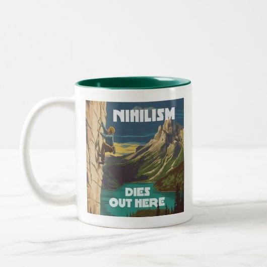 Nihilismus stirbt hier am Felsklettern Zweifarbige Tasse (Links)