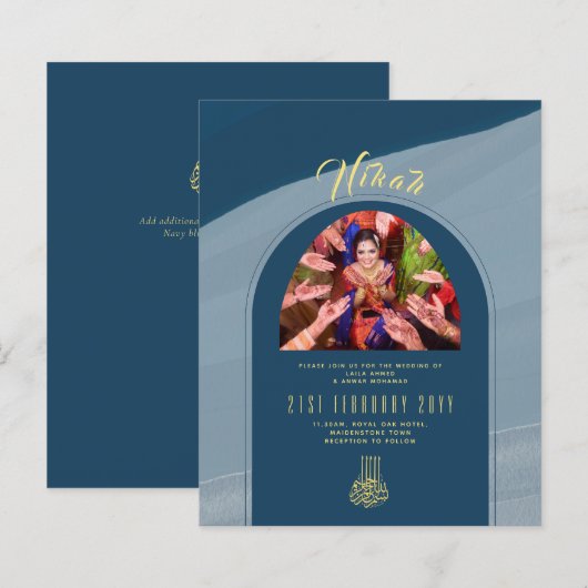 NIKAH Blue Gold FOTO Hochzeit Einladung (Vorne/Hinten)