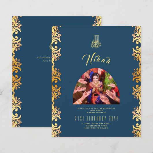 NIKAH Blue Gold FOTO Hochzeit Einladung (Vorne/Hinten)