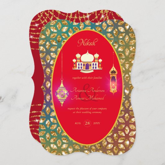 NIKAH - Einladung zur Verzierten Moschee Red Gold (Vorne/Hinten)