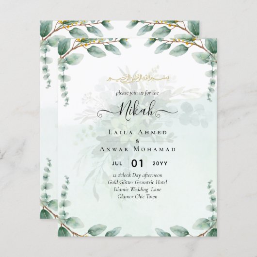 NIKAH Greenerity Wedding Einladungen Modern Gold (Vorne/Hinten)