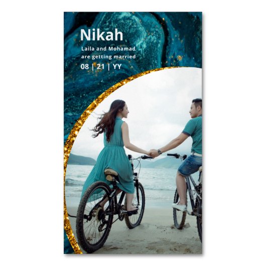 NIKAH - Hochzeitbudget Agate Gold Aquamarines FOTO Magnetische Visitenkarte (Vorderseite Vertikal)